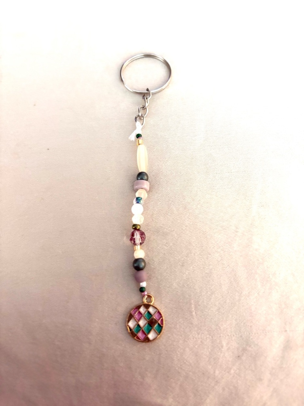 Beaded Pink Multi-Tone Enamel Pendant Keychain. Handmade. New.